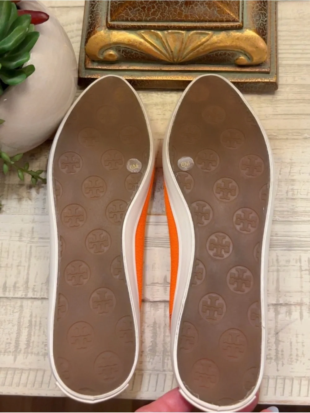 Tory Burch Orange Leather Ballet Flats with Logo Hardware ~ Size 6